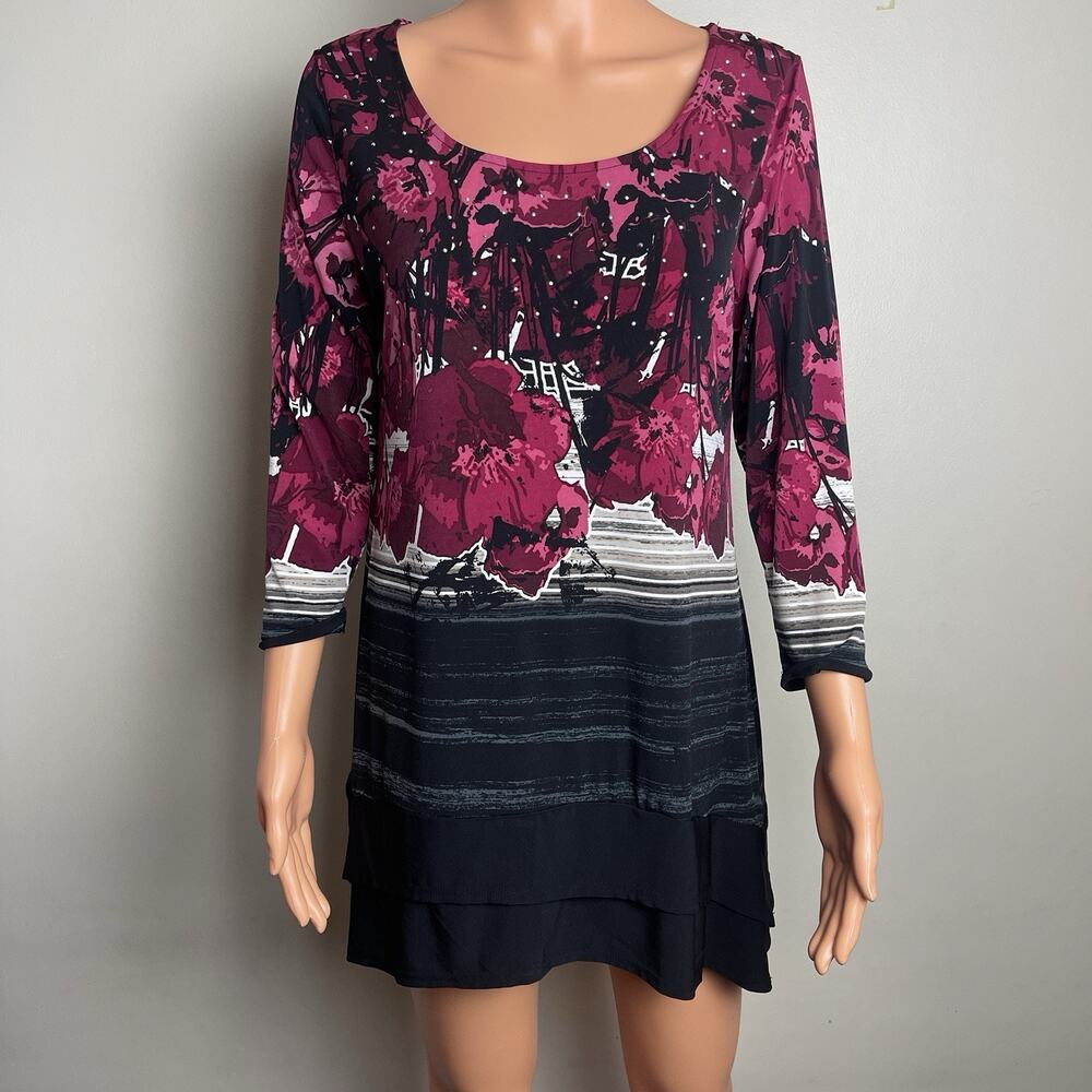 Style&Co Magenta Black Scoop Neck Stretch Flare Sharkbite 3/4 Sleeve Tunic Top L